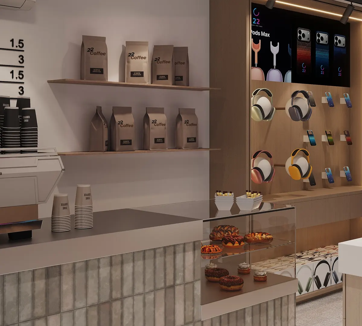 Стойка 22 Coffee с кофемашиной и выпечкой