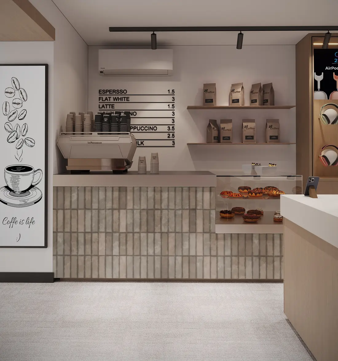 Кофе-бар 22 Coffee: кофемашина, меню на стене, выпечка в витрине